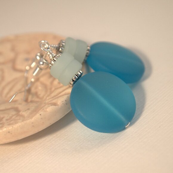 Blue and Green Sea Glass Beaded Dangle Pierced or Clip-on Earrings - Picture 2 of 10